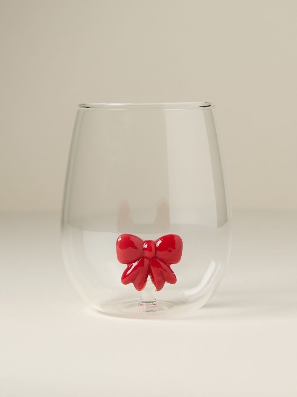 Anthropologie‎ Clear Stemless Glass with Red Bow Accent